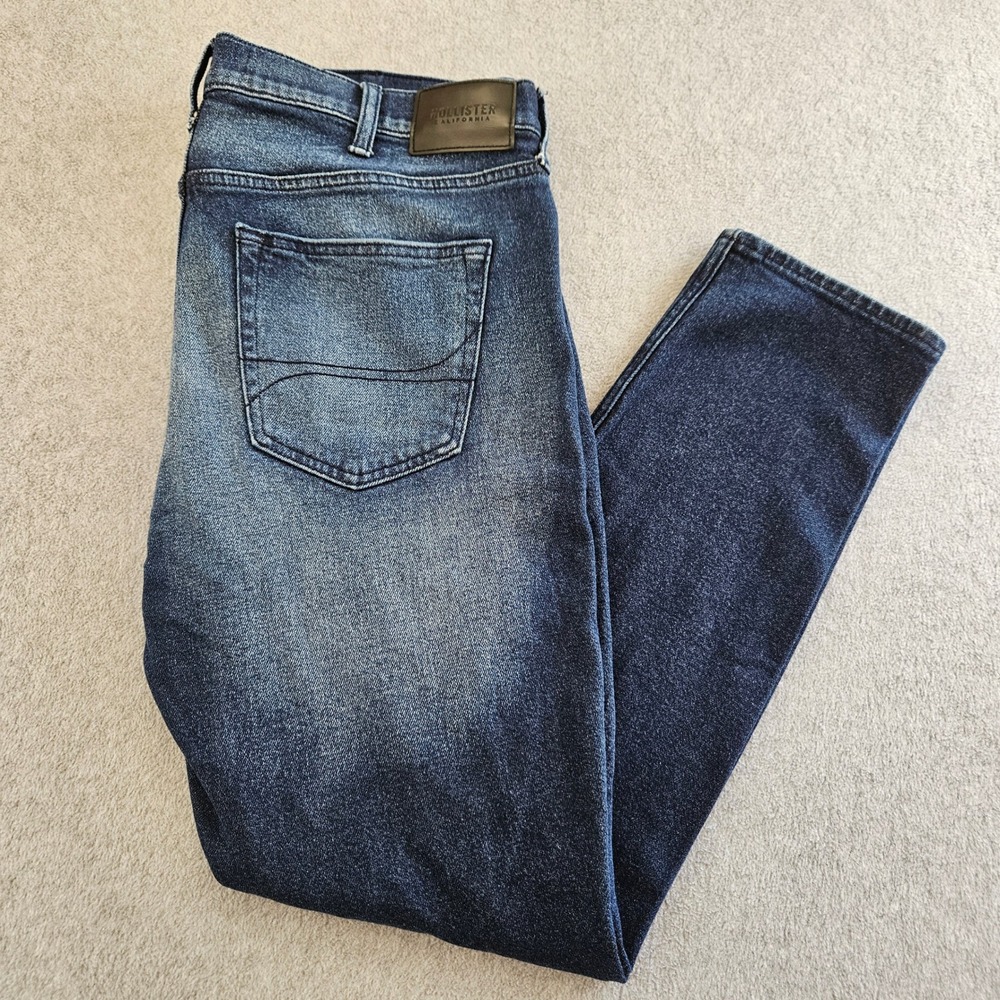 HOLLISTER | Mens 36x32 Athletic Skinny Jeans Dark Wash Distressed Epic Flex Blue